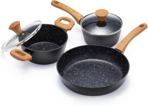 Jovire 5pc Non‑Stick Cookware Set 28cm Pan Saucepan Stockpot w/Lids Black | Suitable for induction & gas hobs | Dishwasher safe | PFOA‑free & PTFE‑free | Stylish & durable | Ergonomic handle