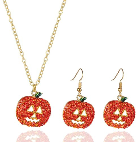 LQIOACU 1 Paire Boucles d'oreilles Halloween et 1 Citrouille Collier pour Femmes, Visage Souriant Citrouille Boucles d'oreilles Goutte Halloween Cosplay Bijoux