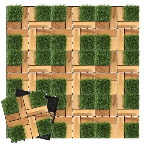 Vkechh 3m² Holzfliesen Balkonfliesen Rasen Terrassenfliesen 30 x 30 cm, Balkonboden Wetterfest, Akazien Holz Fliesen, Kunstrasen Outdoor für Terrassen Balkon Garten (33 Stück)