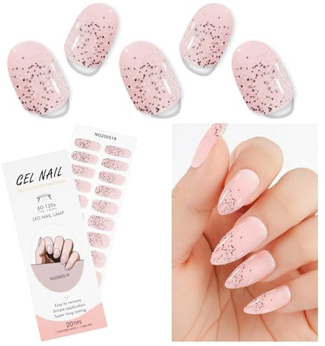 Vicloon Halvhärdad gel klistermärken ljusrosa gel semi, 20 st självhäftande nagellackklistermärken med nagelfil och nagelpinne, heltäckningsdekaler för gör-det-själv-nagelkonst