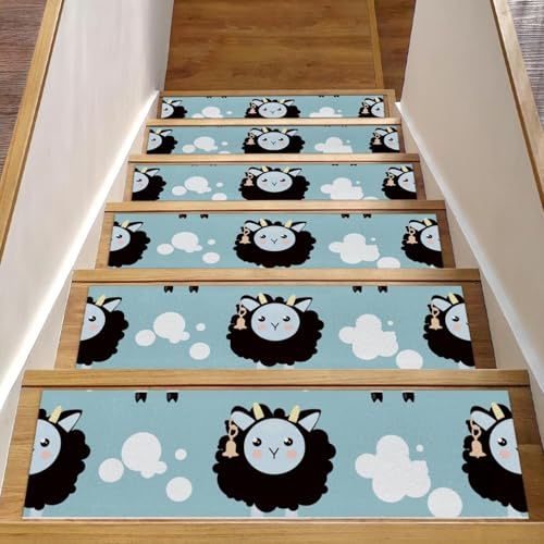 RODAILYCAY Linda alfombra para peldaños de escalera de ovejas de dibujos animados, paquete de 15 unidades de 8 x 30 pulgadas, para peldaños de madera en interiores, almohadillas antideslizantes para