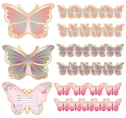 TEOZBLU 30 Pcs Inviti Compleanno Bambina, Biglietti Invito Compleanno Dei Bambini, Patines Per Bambino,15x10 cm, Motivo Farfalle, Inviti Battesimo Per Ragazze e Ragazzi,Feste Di Compleanno Per Bambini