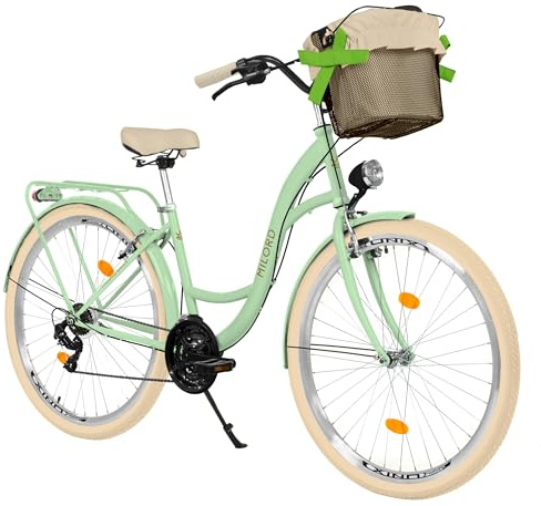 MILORD Damenfahrrad Citybike Komfort Mit Metallkorb Hollandrad Vintage Fahrrad, 26, 28 Zoll, 21-Gang (Grün-Creme, 28 Zoll)