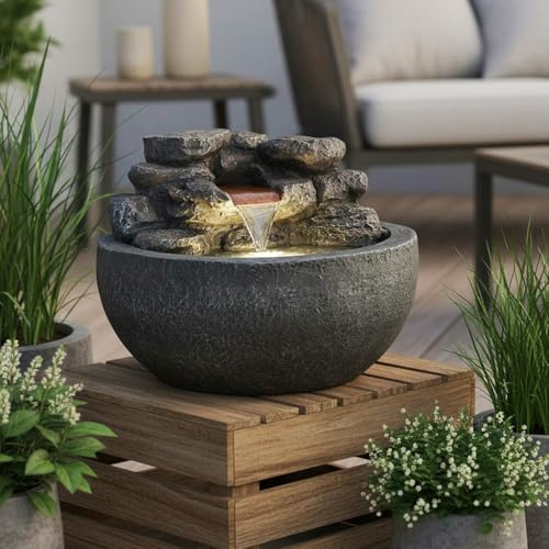 Fuente de jardín redonda y fuente de habitación TP3004 de diámetro, 42 cm, fuente compacta en cascada con aspecto de piedra con decoración LED blanca cálida