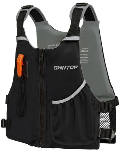 Owntop Schwimmweste Jugend 30-50kg, Schwimmhilfe Kinder mit Pfeife, Mesh-Rücken & Tasche, Verstellbare Neopren Auftriebsweste für Kajak, Schwimmen, Jungen & Mädchen 6-13 Jahre(Schwarz,M)