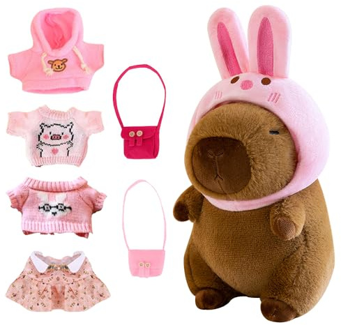Foreverup 8 stycken Capybara plyschdjur, 25 cm Capybara gosedjur, klä upp mjukisdjur, vattengris, gosedjur med klädväska, hatt, capybara plysch med kläder och tillbehör för heminredning