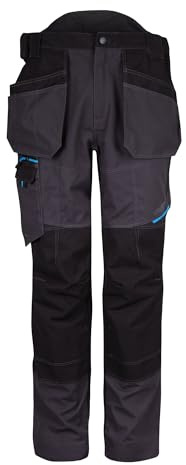 Portwest T702 WX3 Hölsterbyxor Stretchtyg 12 Fickor Polybomull Arbetskläder | Metallgrå, EN 14404, UPF 40+, 35% Bomullsduk Persikoyta, 65% Polyester, Dedikerad Linjalficka, Reflekterande, Knäskyddsfickor
