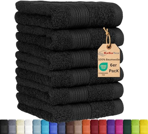 BaSaTex Frottee Gästetuch, 6er Pack, 30x50 cm, Schwarz | 100% Baumwolle, Öko_Tex Zertifiziert, Aufhängeschlaufe, Langlebig, Saugstark