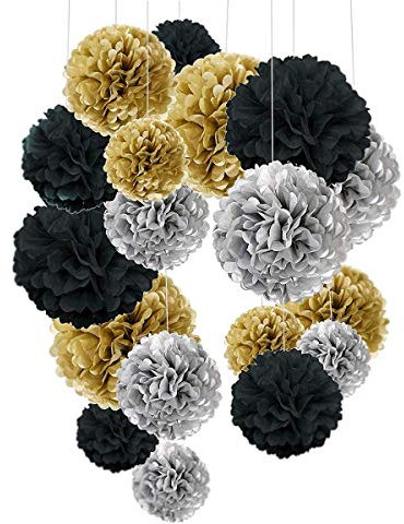 Pompon di Carta,24 Confezione Appendere Carta velina Pom-poms Flower Ball Kit per Matrimonio Festa di Compleanno Decorazione (Nero Oro)