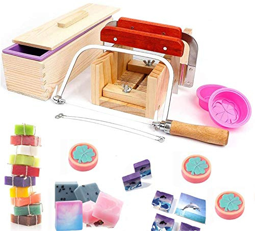 Hard Pine Adjustable Wood Soap Cutter Slicer Box Set - Art Craft Soap Making Loaf Mold Wire Cutter with Handmade Silicone Soap Loaf Mould and 3 Pcs Straight Soap Cutter Supplies #1