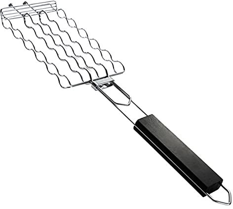 SH-RuiDu Sausage Grilling Basket, Stainless Steel Grill Rack Holds 6 Sausages Barbecue Tool with Locking Design & Heat-Resistant Handle for Camping, Picnic & Backyard Barbecues