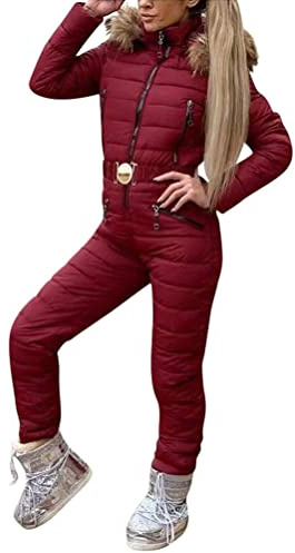 Minetom Damen Einteiliger Skioverall Winter Warm Schnee Skifahren Sätze Outdoor Jumpsuit Langer Overall mit Kapuze Reißverschluss Skianzüge Wasserdicht Winddicht Schneeanzug C Weinrot S