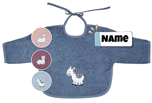 Stickling Langarm Lätzchen Baby bestickt mit Namen | 100% Baumwolle | personalisiert | Lätzchen mit Ärmel Baby | verschiedene Varianten (dunkelblaues Zebra)
