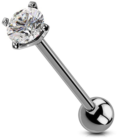OUFER 14G Tongue Rings - Shiny Clear CZ Barbells, G23 Solid Titanium Piercing Jewelry, Nickel-free for Women Men