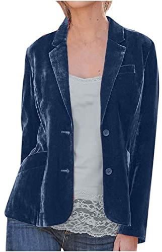 Samt-Blazer, Jacken für Damen, Abendkleid, elegant, Vintage-Stil, langärmelig, Cardigan, Ein-Knopf-Revers, Trenchcoat mit Taschen, blau, 48