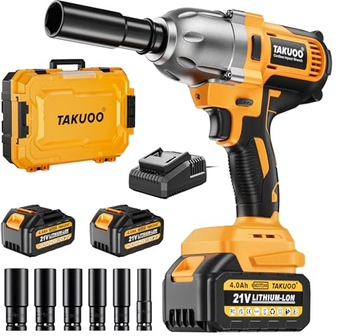 Takuoo Cordless 1/2 inch Brushless Impact Wrench, Max Torque (1200N.m) 900Ft-lbs Electric Impact Gun w/2x 4000mAh Battery, Charger & 6 Sockets, Power Impact Driver for Car Home