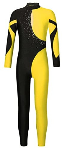 TiaoBug Kids Girls Sparkle Rhinestone Unitard Catsuit Long Sleeve Ballet Dance Gymnastics Leotard Full Body Bodysuit Jumpsuit Yellow 11-12 Years