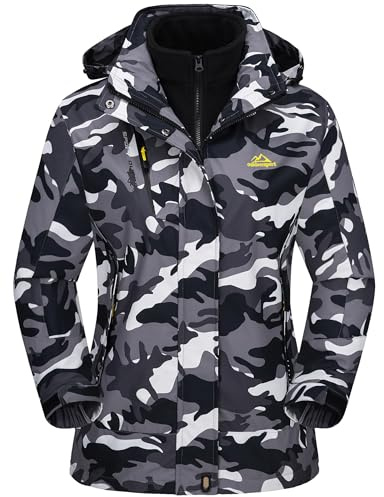 TACVASEN Women's Waterproof Fleece Jacket Outdoor 3 IN 1 Ladies Coat Skiing Snow Hooded Jackets Camo Black