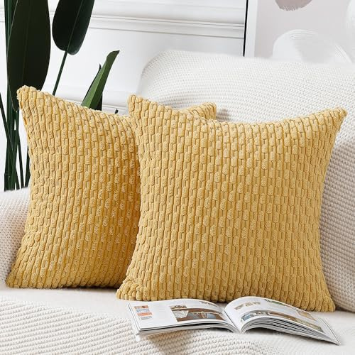 Madizz 2er Set Boho Gestreifte Kissenbezüge Weicher Kord Dekorativer Kissenbezug für Schlafzimmer Sofa Kissenhülle Gelb 50 x 50 cm