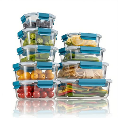 Fenger Glas-Frischhaltedosen Set Meal Prep Boxen für Lebensmittel,18 Teile (9 Behälter,9 Transparente Deckel) Spülmaschinen, Mikrowellen & Gefrierschrankfreundlich - Auslaufsicher, BPA-frei