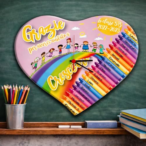 Orologio da parete in legno Personalizzato ''UN'AULA COLORATA CON NOMI'' idea regalo di classe fine anno scolastico Maestra asilo nido, scuola materna, elementare infanzia e primaria (CERCHIO)