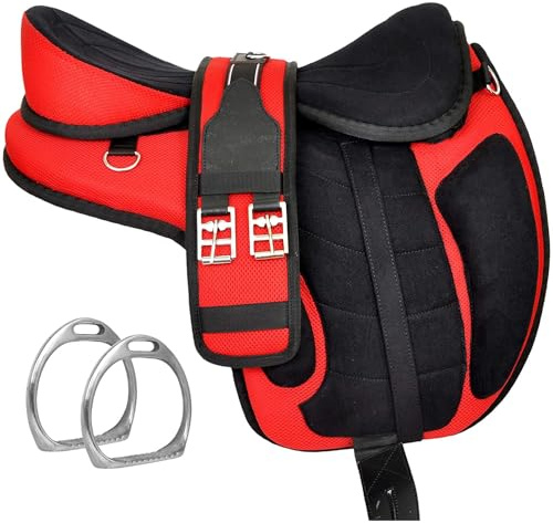 Selle de cheval Freemax sans arçon en synthétique avec sangle assortie et paire d'étrier en aluminium (Rouge, assise de 45,7 cm)