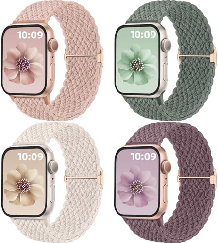 Mastten 4 Pack Braided Solo Loop Compatible with Apple Watch Straps 40mm 41mm 42mm 38mm Women Men, Stretchy Elastic Nylon Sport Strap for iWatch SE 3 2 1 Series 11 10 9 8 7 6 5 4 3 2 1