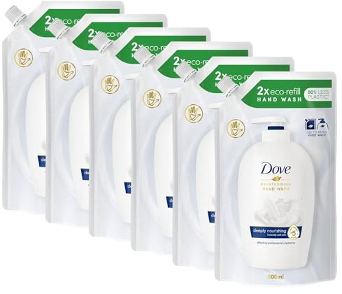 Dove Moisturising Eco-Refill for Liquid Hand Wash Effective Antibac Cleansing for 24H Nourishment and Instantly Soft Skin 500ml, 6 Pack