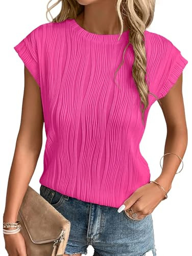 Gemulate Womens Tops Dressy Casual,Ladies Short Sleeve Vacation Top Blouses Crewneck Shirts Tee Spring Clothes for Women UK Hot Pink L