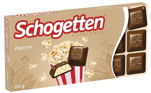 Schogetten Popcorn 1 x 100g Schokoladentafel, Vollmilchschokolade mit Popcorn- und Maisstückchen, praktische Einzelstücke. Ein Genuss. Stück für Stück.