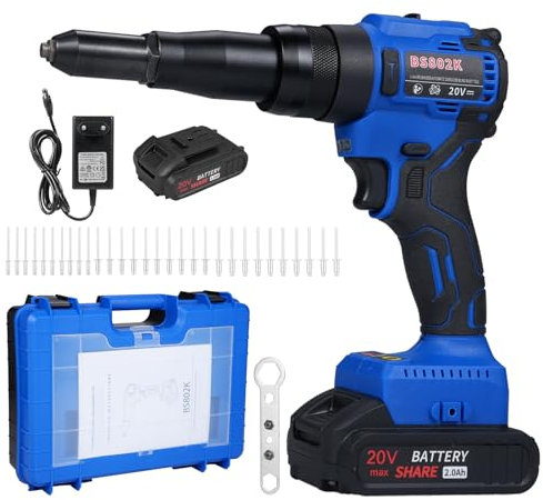 Remachadora eléctrica HUIOP Máquina remachadora inalámbrica, kit profesional de máquina remachadora de extracción de núcleo completamente automática con batería de litio portátil de 20 V, con remaches
