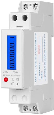 RASMACOR | Medidor De Energía Monofásico | Contador de Consumo Electrico 1P 220V Con Luz | Certificado ROHS y CE | Pantalla LCD Digital | Posibilidad de Conexión Arriba y Abajo | Impulse: 1600imp/kWh