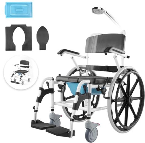 VEVOR Shower Wheelchair, 17.5in Width Aluminum Alloy Bathroom Wheelchair for Inside Shower, Adjustable Rolling Shower Chair w/Brake for Disabled Adult, 300 lbs Capacity Shower Commode Transport Chair