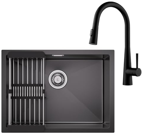 CECIPA Fregadero Cocina Negro 60 x 44cm con Grifo Cocina Extensible, Fregadero Bajo Encimera o Sobre Encimera, Fregadero Cocina 1 Seno Inox con Cesta de Filtro Extensible, Sifón y Kit de Drenaje