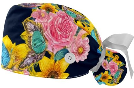 FQURFHY 2 Stücke，OP-Hauben für Frauen，Herren OP-Haube，Pflege-Haarnetz,Für die Küche,Blumen Muster