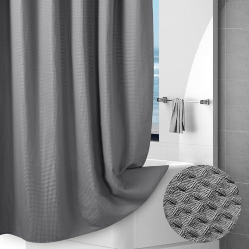 VANZAVANZU Hotelstil Waffel Duschvorhang 183x183cm, Wasserdicht & Waschbar, Schwerer Stoff Duschvorhang Textil mit Beschwerter Saum, Schimmelresistent Badevorhang für Dusche und Badewanne, Grau