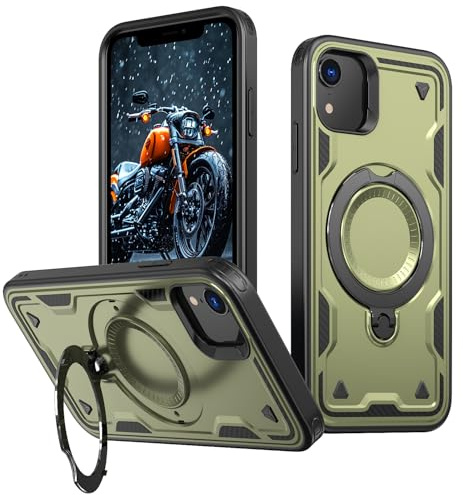 LEMAXELERS Case for iPhone XR Compatible With Magsafe Magnetic Case with 360° Rotatable Ring Phone Stand Heavy Duty Rugged Case Shockproof Protection Cover for iPhone XR Green TH
