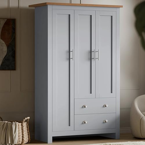 Blisswood 3 Door Wardrobe with 2 Drawers & Hanging Rail – Grey Bedroom Wardrobe with 5 Shelves, Wooden Clothes Storage Cupboard Unit, Triple Wardrobe for Bedroom Furniture Grey & Oak