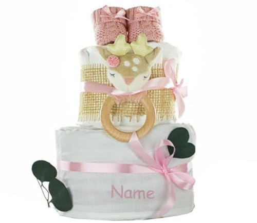Windeltorte für Baby Mädchen | Greifling und Plüschtier Reh Ella, Musselintuch und Babybooties, Personalisierbar (2-stöckig, bedruckt)