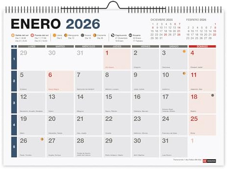 Miquelrius - Komplett väggkalender 2026, Årlig A4 organisatör, 296 x 210 mm, med plats att kommentera, dubbel spiralbindning, 12 månaders planerare spanska