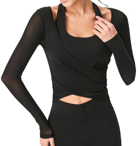 Y2k Ballet Wrap Yoga Top Manga Larga Cuello en V Profundo Corte Slim Fit Pilates Ballet Entrenamiento Tops Sexy Opaco Suave Vendaje Camisa Monocolor Blusa Envolvente Ropa de Danza Ropa de Baile, D01