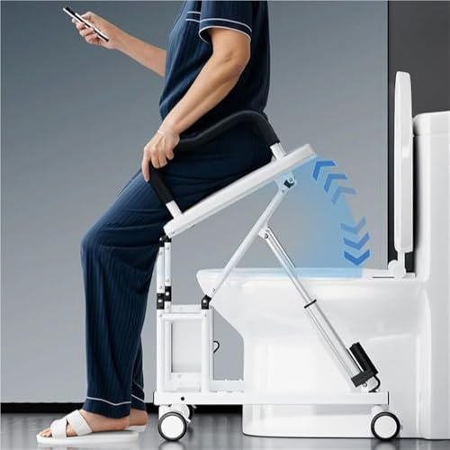 Sedia da WC elettrica Mobile con Rialzo Automatico, Telecomando, braccioli Antiscivolo, Ruote universali a 360° e Freni, Arresto al Rilascio della Mano