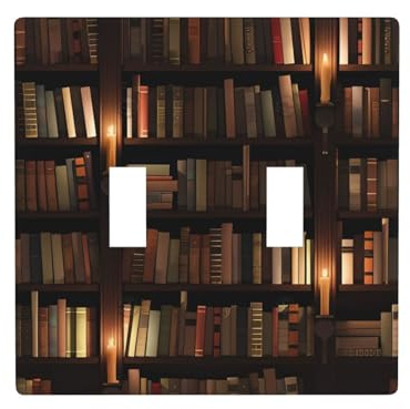 Poezjzw Cubierta de interruptor de luz con patrón de biblioteca de sala de libros, cubierta de receptáculo, placa de pared decorativa de doble palanca, tamaño estándar 4.5 x 4.5 pulgadas