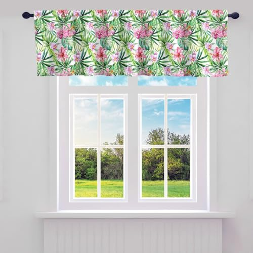 Erosebridal Tropical Valance Curtains,Lily Floral Palm Tree Leaves Window Curtains for Bedroom RV,Exotic Natural Botanical Blackout Valances for Kitchen Windows,52 W X 12 L,Purple Pink Green