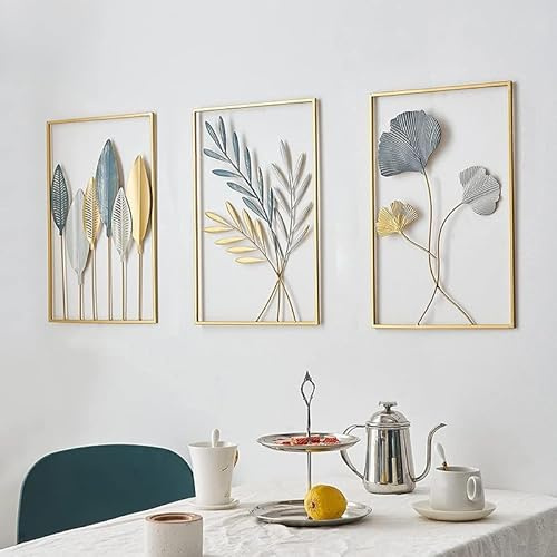 Zinueen 3 styck väggdekoration i metall, guld Minimalistisk metall väggkonst väggdekoration, blad väggdekoration, hem väggkonst Dekorativa målningar, för hem Vardagsrum Sovrum (Guld)