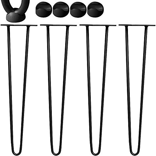 Mucola Hairpin Legs Tischbeine 4-teilig mit 2 Streben 71 cm Stahl Schwarz | 12 mm Rundstahl pulverbeschichtet, inkl. Schrauben und Anschraubplatten, für Esstisch und Schreibtisch, DIY Möbelfüße