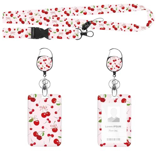 Lanyard,Retractable Badge Reel Lanyard with Card Holder,Detachable ID Card Holders for Teacher Nurse Office Student,Pink Cherry Bowknot Design