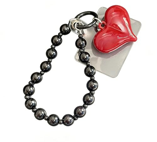Jafaharug Roter Herz-Phone Charm con Catenina di Perle, Catenina Corta per Cellulare Come Braccialetto da Polso o Portachiavi, Adorabile Ciondolo per Borse per Donne
