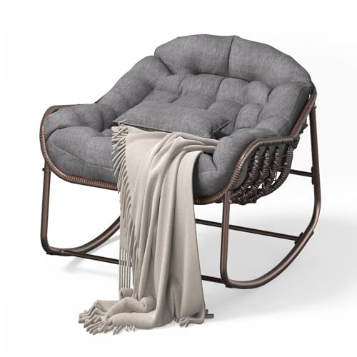 GarveeMore Papasan Schaukelstuhl Übergröße für Garten & Balkon – Rattan Ei-Design, Dicke Polsterung, Metallrahmen – Bequemer Outdoor & Indoor Lounge Sessel für Terrasse, Wohnzimmer, Schlafzimmer –