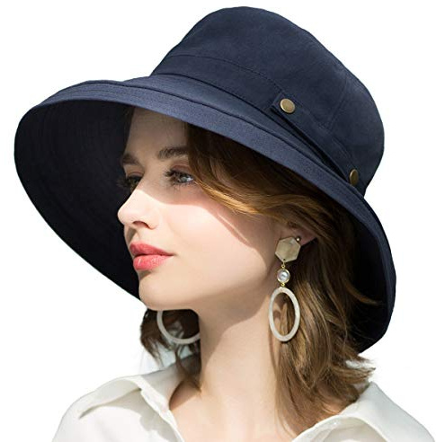 SOMALER - Sombreros de algodón de ala Ancha para Mujer, UPF50+, Sombrero de Playa Plegable con Rayos UV, Gorra de Verano para Viajes, Botón Decoración-Azul Oscuro, Talla única